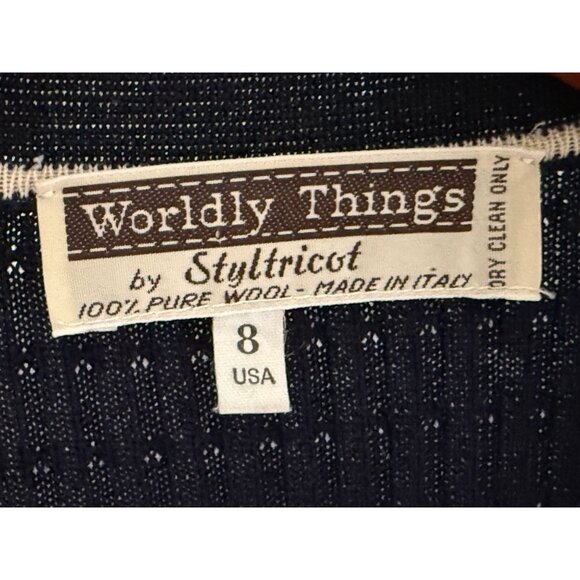 Vintage Worldly Things Navy Wool Cardigan With Gold Buttons & Pocket Detail Made - Picture 5 of 8